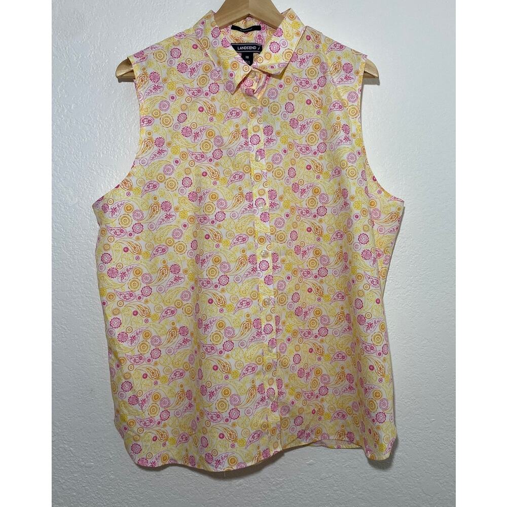 NWT Lands’ End Size 16 Yellow Pink Paisley Button Up Sleeveless Blouse No-Iron